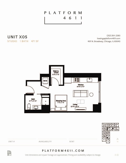 Floor plan for studio, 1 bath, 472 sqft